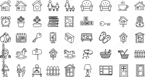 Hand-Drawn Icons: Home, Family, Comfort, and Cozy Lifestyle Symbols