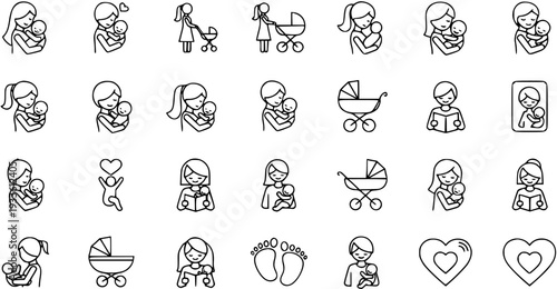 Mother and baby icons, parenting, family, love, care, childhood, pregnancy