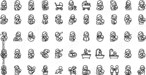 Mother and Baby Line Icons Set: Daily Parenting, Care, and Love. Collection of Mom with Infant Linear Pictograms