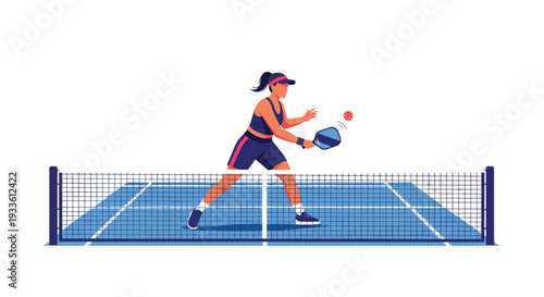A female pickleball player in a blue and pink outfit is actively striking a ball with a blue paddle on a vibrant blue court behind a black net.