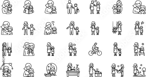 Mother and Child Line Icons Set. Daily Life, Parenting, Family Love, Care, and Bonding Outline Vector Pictograms