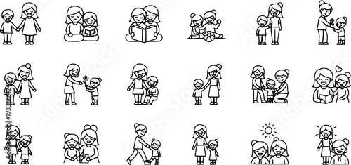 Mother and Child Line Art Icons Set - Family Love, Care, Education, Play, and Bonding Activities