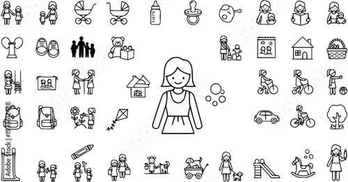 Line Art Icons of Family Life, Childhood, and Activities