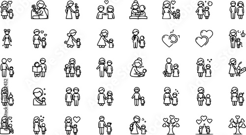 Happy Family Icons: Parents Holding Children, Love, Trees, And Hearts