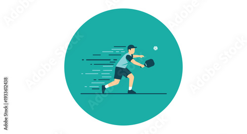 A male pickleball player in a blue uniform is energetically running forward with a paddle, hitting a ball, contained within a teal circular frame.