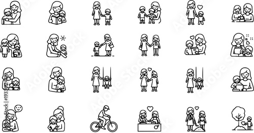 Mother and Child Icons Set. Family, Parenting, Love, Care, and Childhood Line Art Vector Illustrations.
