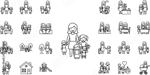 Woman and children line art icon set. Family, daily life, childcare, and activities vector illustrations.