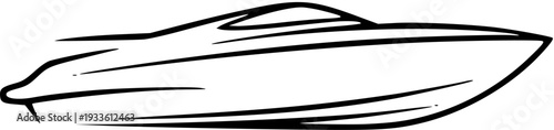 Black and white outline drawing of a sleek speedboat, simple modern powerboat line art illustration isolated on white