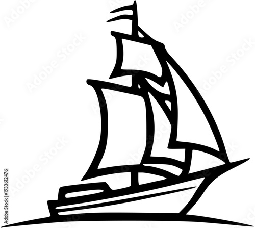 Stylized Black and White Sailing Ship Silhouette - Nautical Graphic Illustration of a Boat