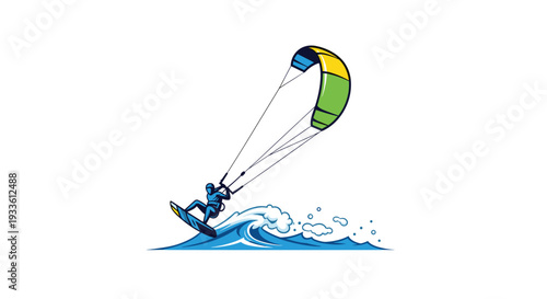 A kitesurfer in a blue wetsuit rides a large breaking wave with a colorful green, yellow, and blue kite.
