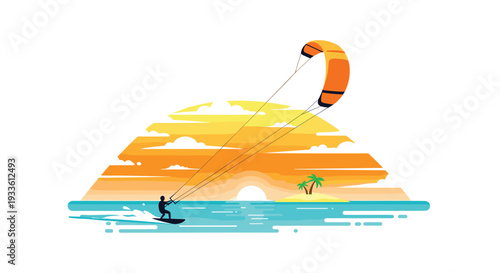 A silhouetted kitesurfer with an orange kite glides across blue water against a stylized sunset with a small island.