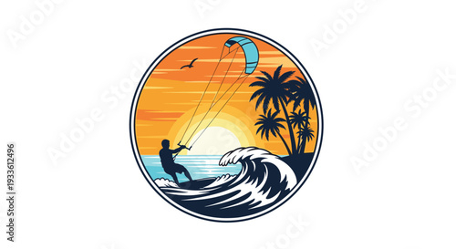 A silhouetted kitesurfer rides a large wave within a circular badge, featuring palm trees and a vibrant sunset.
