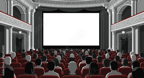 A detailed colorful illustration depicts a grand, ornate cinema interior with a full audience seated in red chairs, facing a large blank screen framed by elegant architecture and draped curtains.