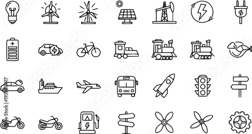 Energy  Transportation Line Icons Set: Renewable Power, Electric Vehicles, Public Transport, Industry  Technology Symbols