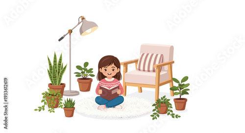 An illustration shows a young girl sitting on a white fluffy rug, reading a book, surrounded by various potted green plants, with a floor lamp and an armchair nearby on a white background.