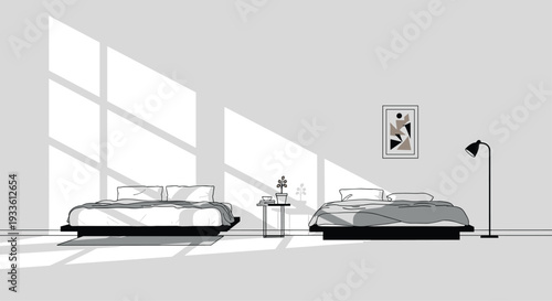 A minimalist bedroom features two platform beds, illuminated by strong diagonal sunlight casting geometric shadows on the light gray walls and floor.