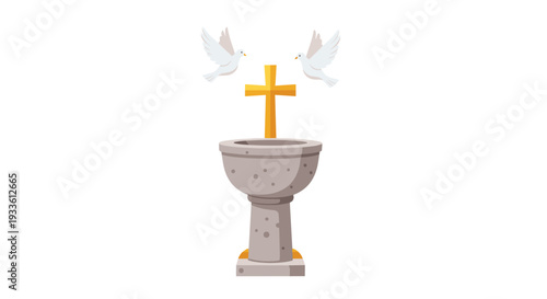 A textured gray baptismal font with a golden cross rising from its basin is centered, with two white doves flying above it.