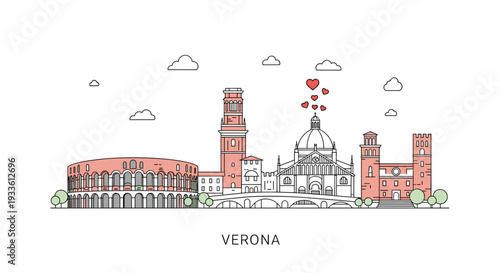 A colorful illustration depicts the Verona, Italy, skyline with red-orange buildings, including the Roman Arena, and red hearts floating above a central dome.