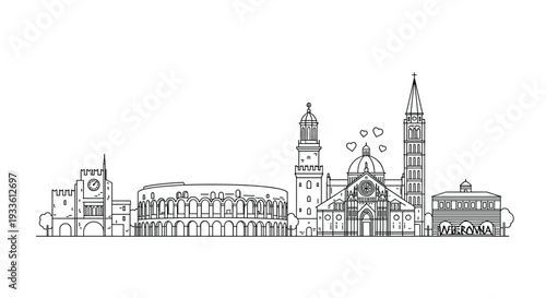 A detailed black and white line art illustration showcases the iconic skyline of Verona, Italy, featuring the Roman Arena and historic churches.