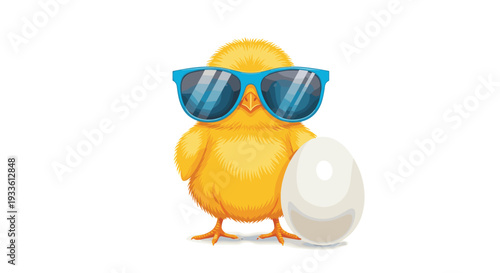 A cartoon yellow chick wearing blue sunglasses stands upright, holding a single white egg against a plain white background.