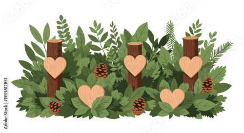 Five light wooden heart shapes are affixed to dark brown tree stumps, embedded within a lush bed of varied green foliage and two visible pine cones.