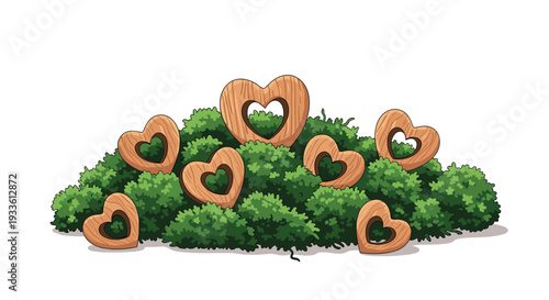 Seven light brown wooden heart shapes, some with distinct cut-out centers, are scattered across a central mound of dense dark green bushes.