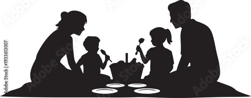 Black silhouette family having picnic on blanket with plates and basket
