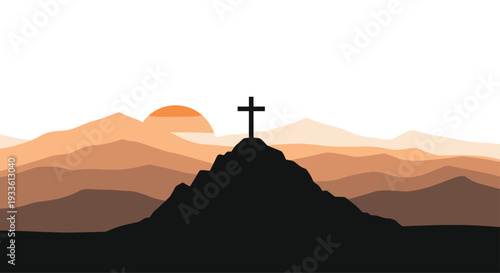A solitary cross stands silhouetted on a prominent mountain peak against a layered mountain range and a setting sun.