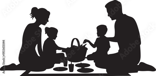 Black silhouette family having picnic with basket and plates