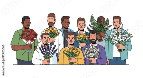 Nine diverse men are cheerfully holding various bouquets of fresh flowers while standing against a clean white background.