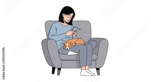 A young woman sits relaxed in a grey armchair, looking at her mobile phone, with a small brown dog sleeping on her lap.