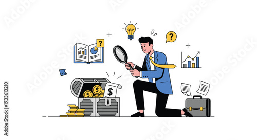 A focused businessman in a blue suit is kneeling and meticulously examining the contents of an open treasure chest with a magnifying glass.