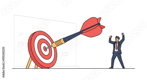 A jubilant businessman in a blue suit is celebrating with a raised fist as a large red dart has accurately struck the bullseye of a target.