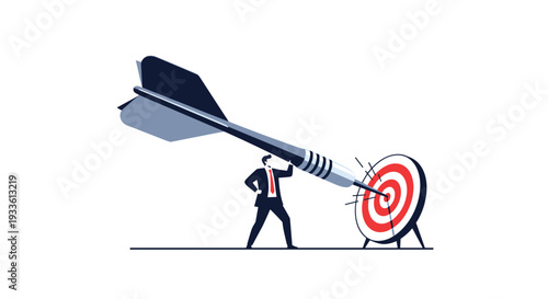 A determined businessman in a dark suit is standing, holding a significantly oversized grey dart that has precisely hit the bullseye of a red target.