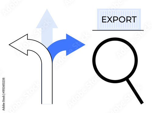 Diverging arrows indicating options or decisions, magnifying glass highlighting export concept. Ideal for business strategy, choices, logistics, trade analysis, planning, globalization, navigation