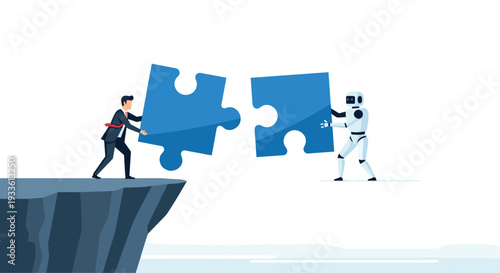 A businessman and a robot are pushing two large blue puzzle pieces together across a cliff gap.