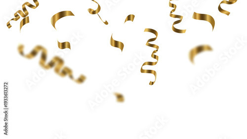 Golden confetti streamers floating in the air on a white background