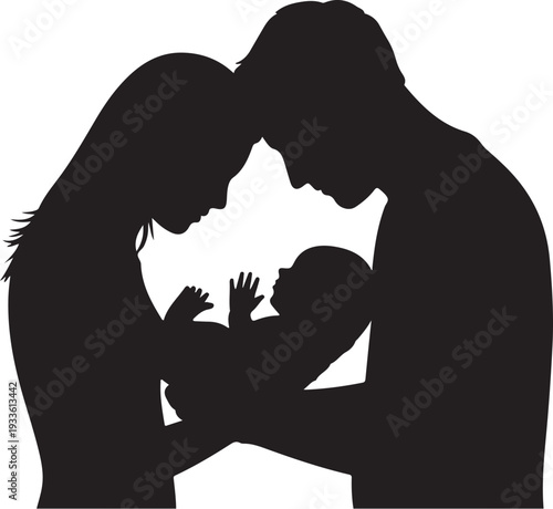 Black silhouette of a family with a baby white background