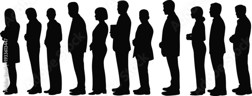 Business people standing in line silhouettes isolated on white background, professional men and women queue illustration, corporate teamwork and office concept design