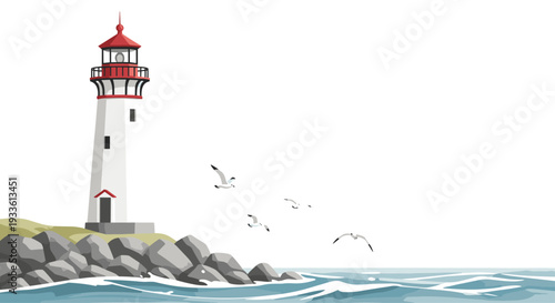 A detailed illustration features a white lighthouse with a red roof perched on a rocky coastline overlooking the blue ocean.