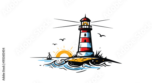 A vibrant stylized illustration shows a striped lighthouse on a small island with a rising sun and a sailboat in the ocean.