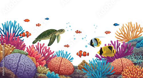 A detailed illustration depicts a green sea turtle swimming in a vibrant coral reef with clownfish and various corals.
