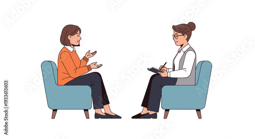 A female therapist wearing glasses takes notes on a clipboard while a female client in an orange sweater speaks and gestures from an armchair on a plain white background.
