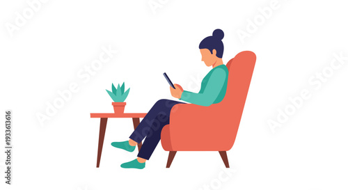A woman with a bun hairstyle sits comfortably in an orange armchair, intently focused on her smartphone, with a small potted succulent plant on a nearby side table on a clean white background.