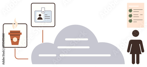 Task organization, cloud storage, workflow, identity management, productivity, office work. ID badge, coffee cup and checklist near cloud and woman icon. Task organization and cloud storage concept