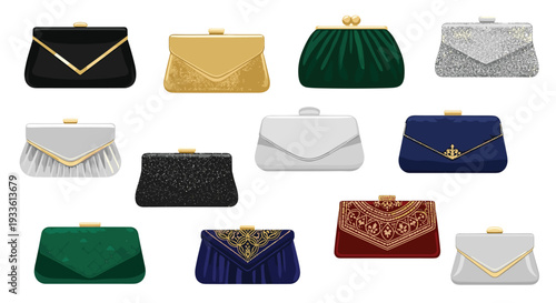 A collection of twelve diverse clutch bags in various colors and designs is neatly arranged on a clean white background.