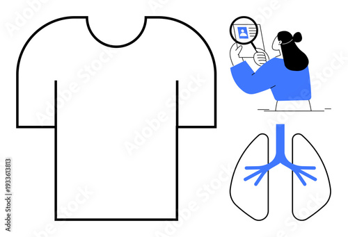 Medical concept. Medical symbols including human lungs, T-shirt outline, and researcher analyzing information. Medical thumbs up diagnostics, healthcare, and anatomy. For education, research