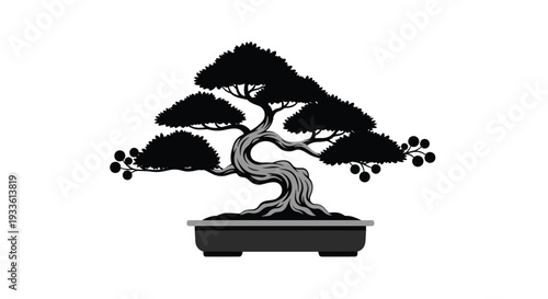 A stylized monochromatic bonsai tree with a gnarled trunk and dark foliage, bearing small fruits, is depicted in a rectangular pot.