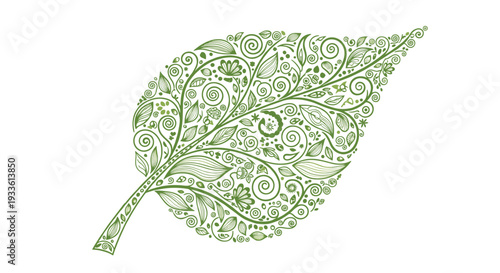 An ornate green illustration of a single broad leaf, intricately filled with a dense pattern of swirls, smaller leaves, and floral elements.