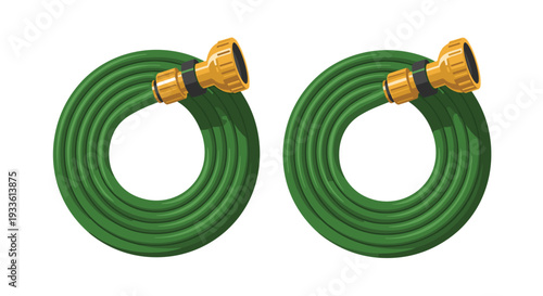 Two identical green garden hoses are neatly coiled side-by-side, each equipped with a golden nozzle at its end.